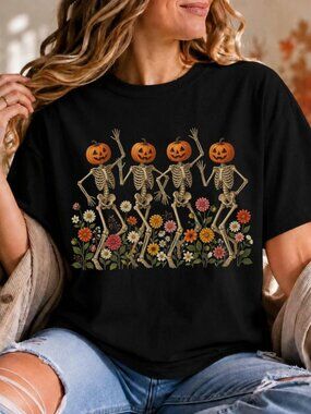 Halloween Dancing Skeleton Shirt, Floral Fall Graphic Tee